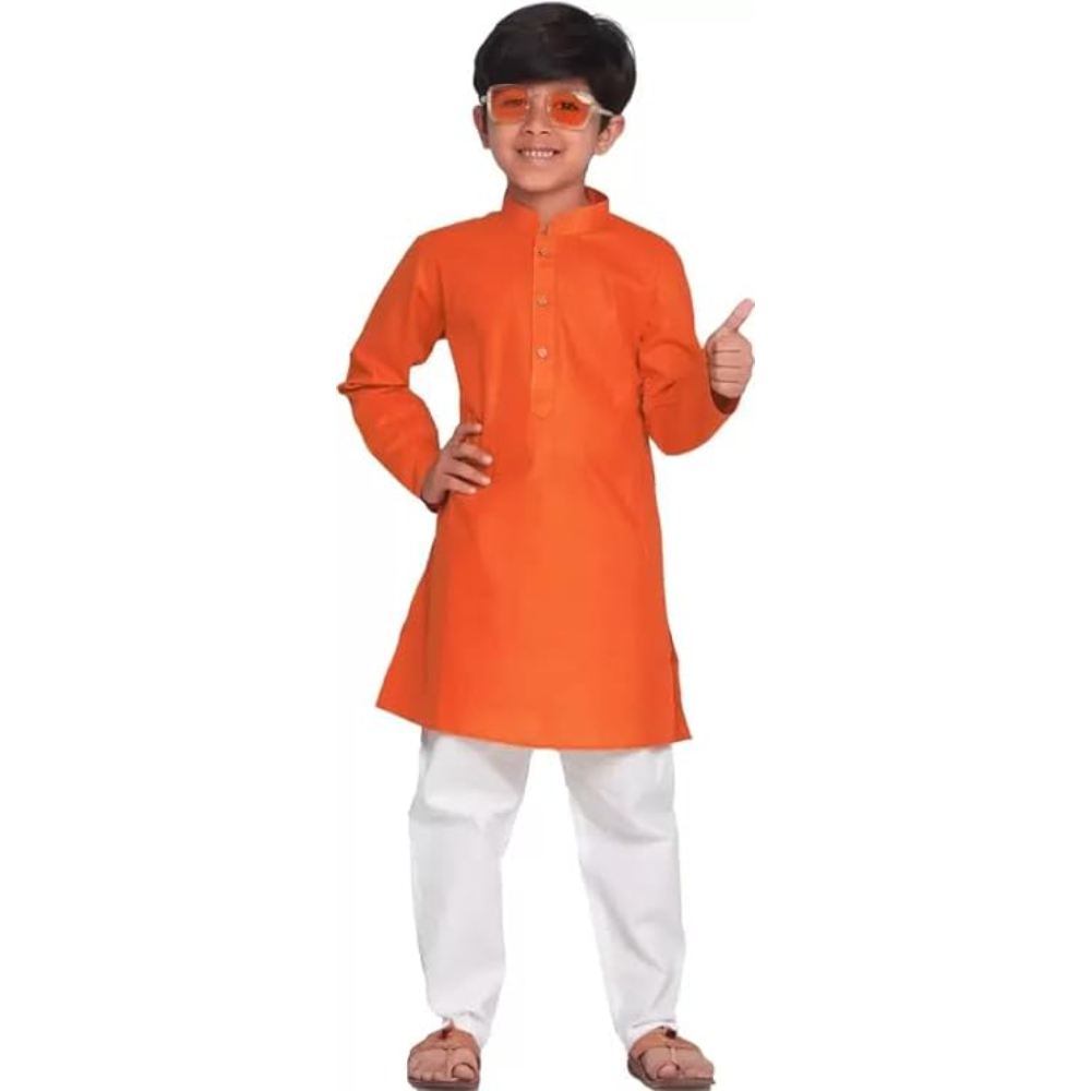 Boys Kids Plain Orange Colour Kurta - Image 2