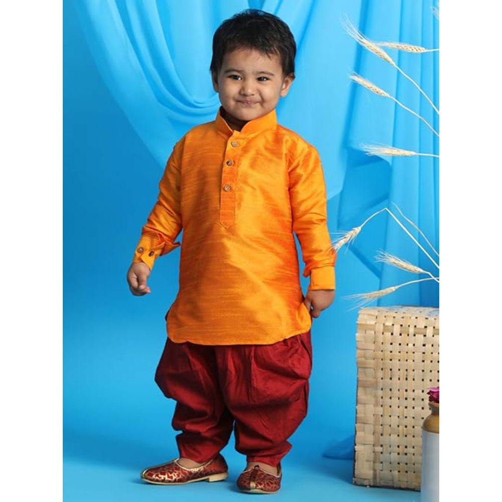 Boys Silk Multicolour Kurta and Dhoti Set - Image 3