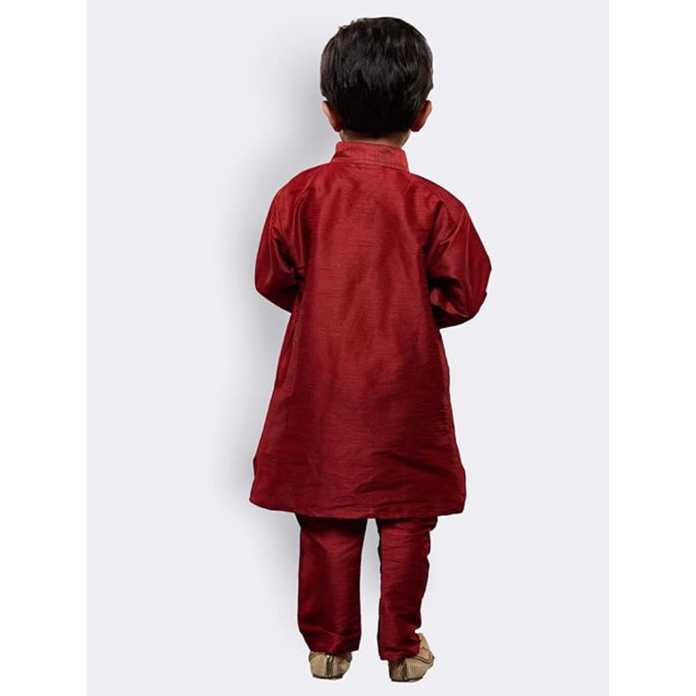 Boys Pure Cotton Maroon Kurta Pyjama Set - Image 2