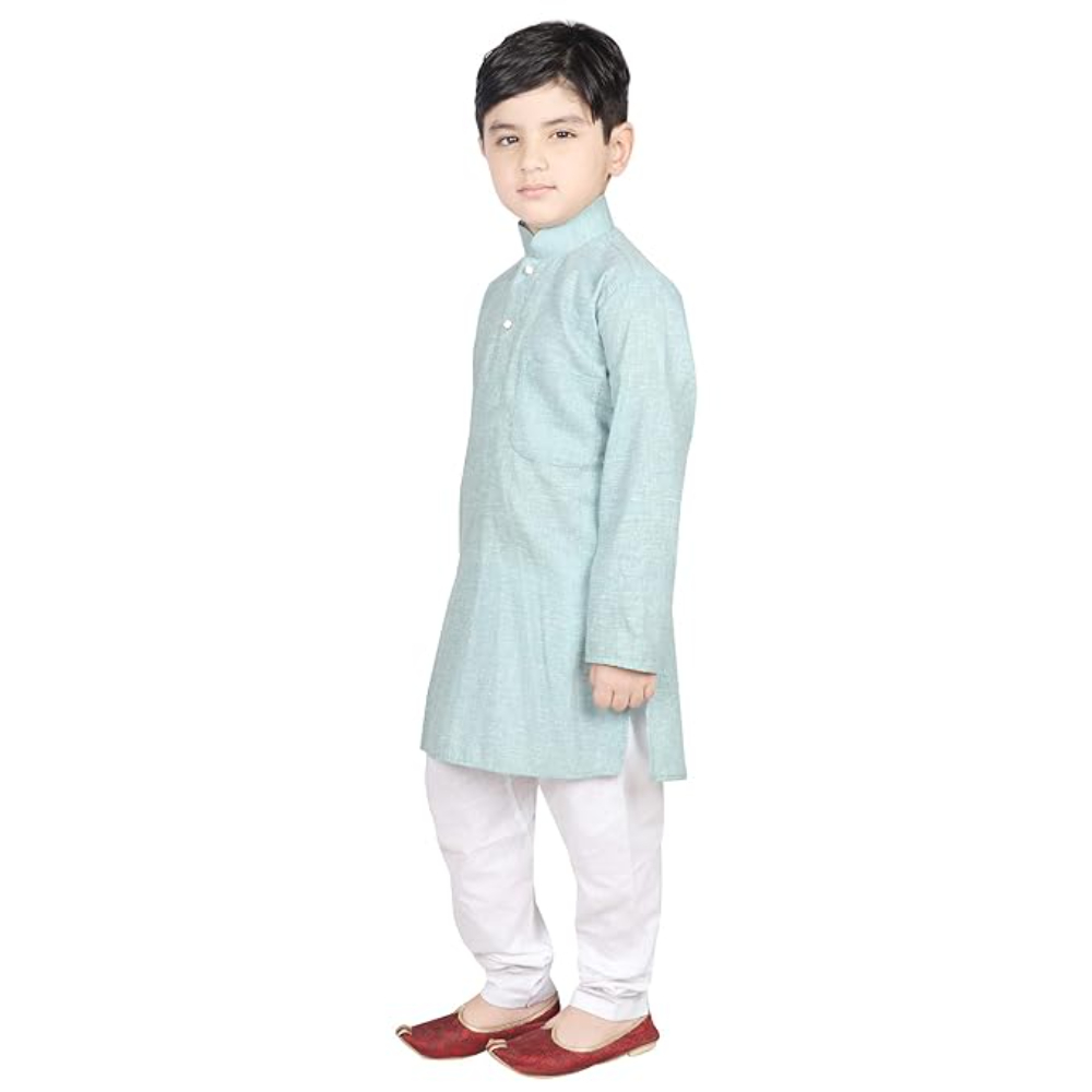 Kids Light Blue Cotton Kurta Pyjama Set - Image 3