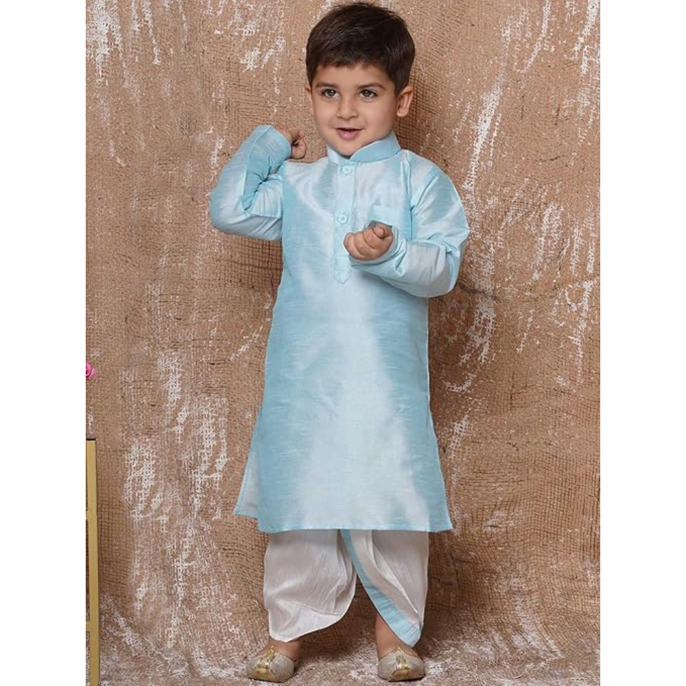 Kids Silk Blue Dhoti Kurta Set For Boys - Image 3