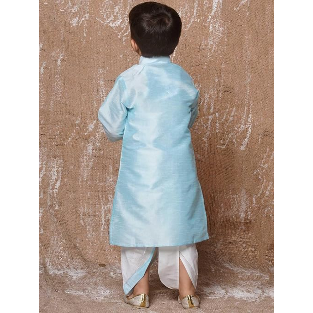 Kids Silk Blue Dhoti Kurta Set For Boys - Image 2