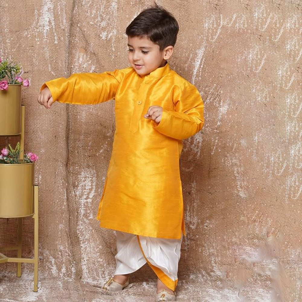 Kids Silk Yellow Dhoti Kurta Set For Boys - Image 3