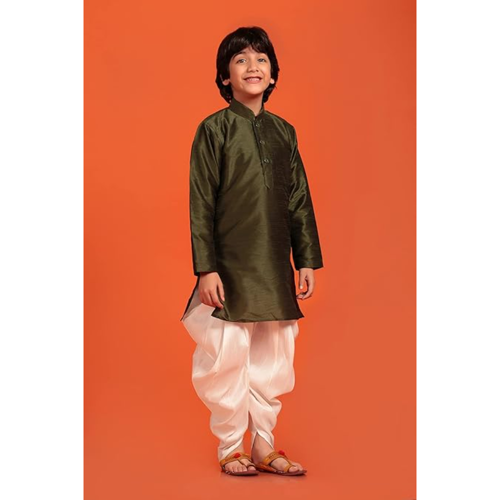 Kids Silk Green Kurta Patiala Set for Boys - Image 3