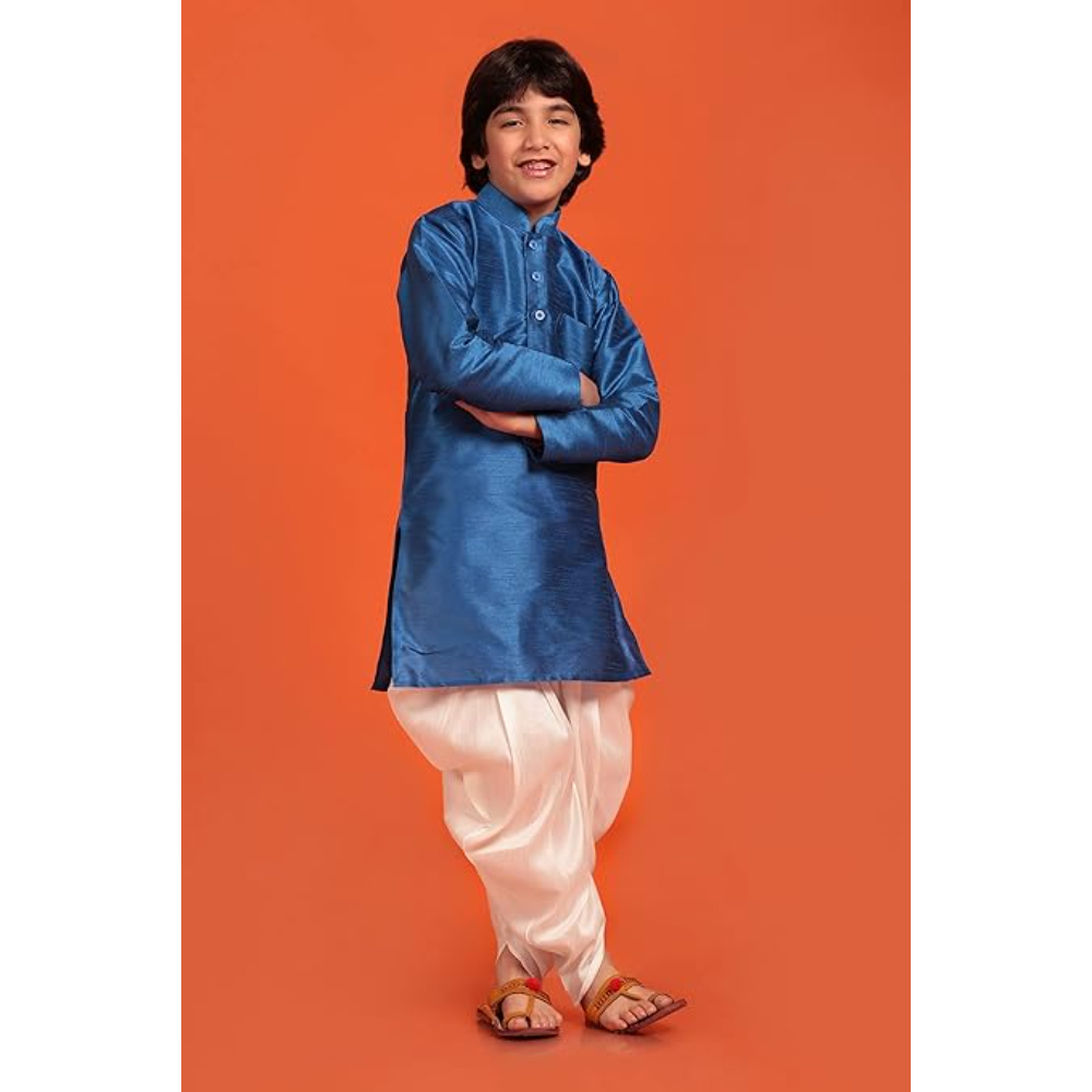 Kids Silk Blue Kurta Patiala Set for Boys - Image 3