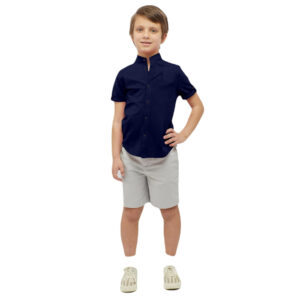 Boys Cotton Blend Mandarin Neck Navy Blue Shirt