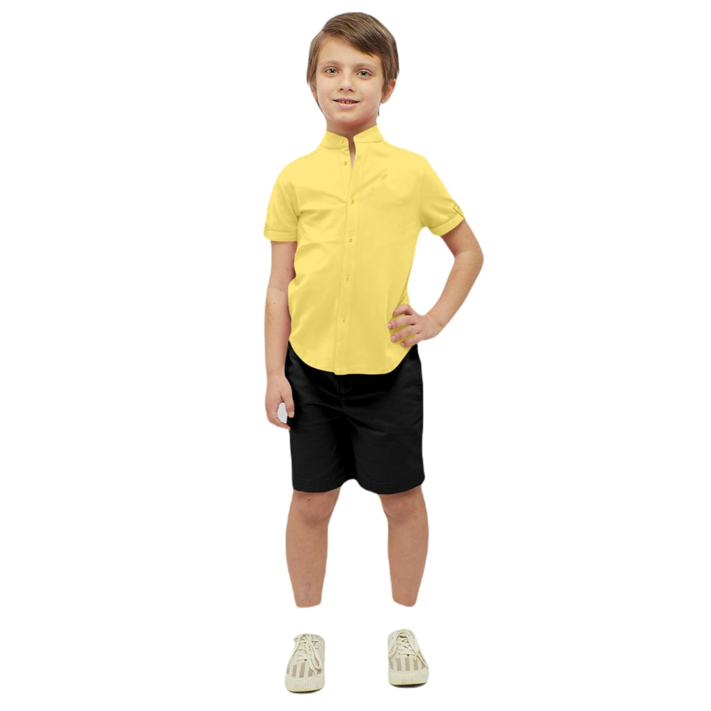 Boys Cotton Blend Mandarin Neck Yellow Shirt