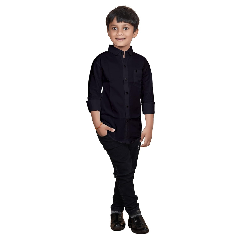 Cotton Black Shirt for Kids Spread Collor - Image 2