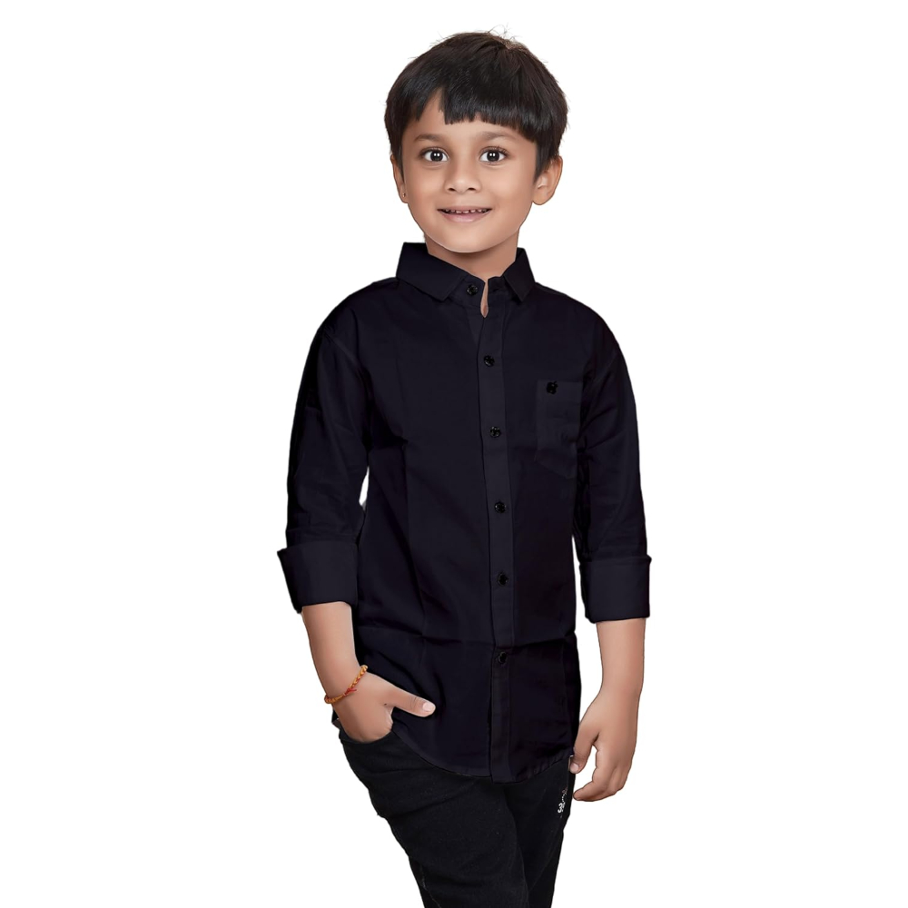 Cotton Black Shirt for Kids Spread Collor
