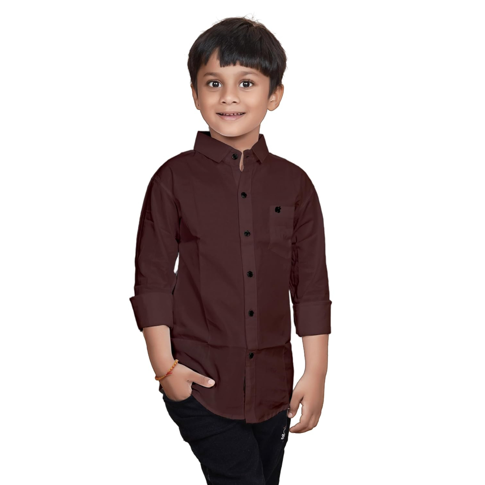 Cotton Brown Shirt for Kids Spread Collor