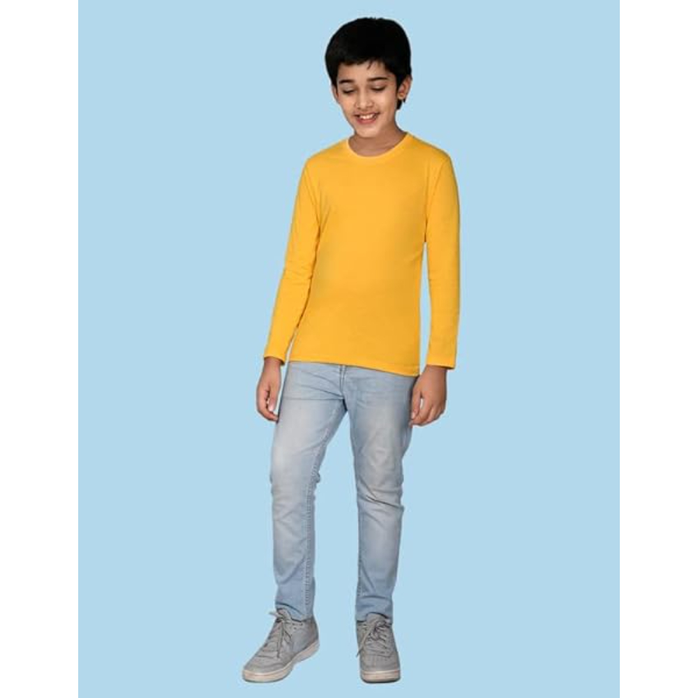 Boys Yellow Cotton Full Sleeve Solid Tshirt - Image 2