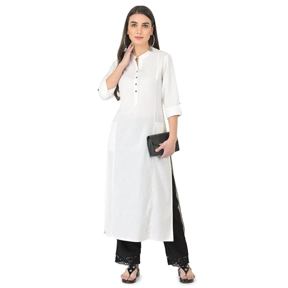 White Women's Cotton Straight Kurta - Image 2