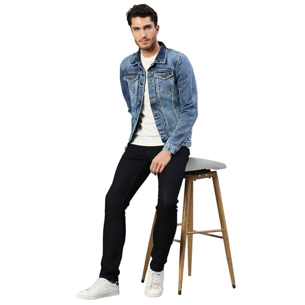 Men Regular Fit Denim Fadded Indigo Jacket - Image 3