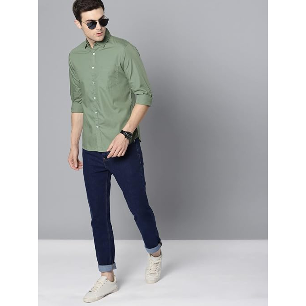 Men Solid Cotton Casual Dusty Green Shirt - Image 3