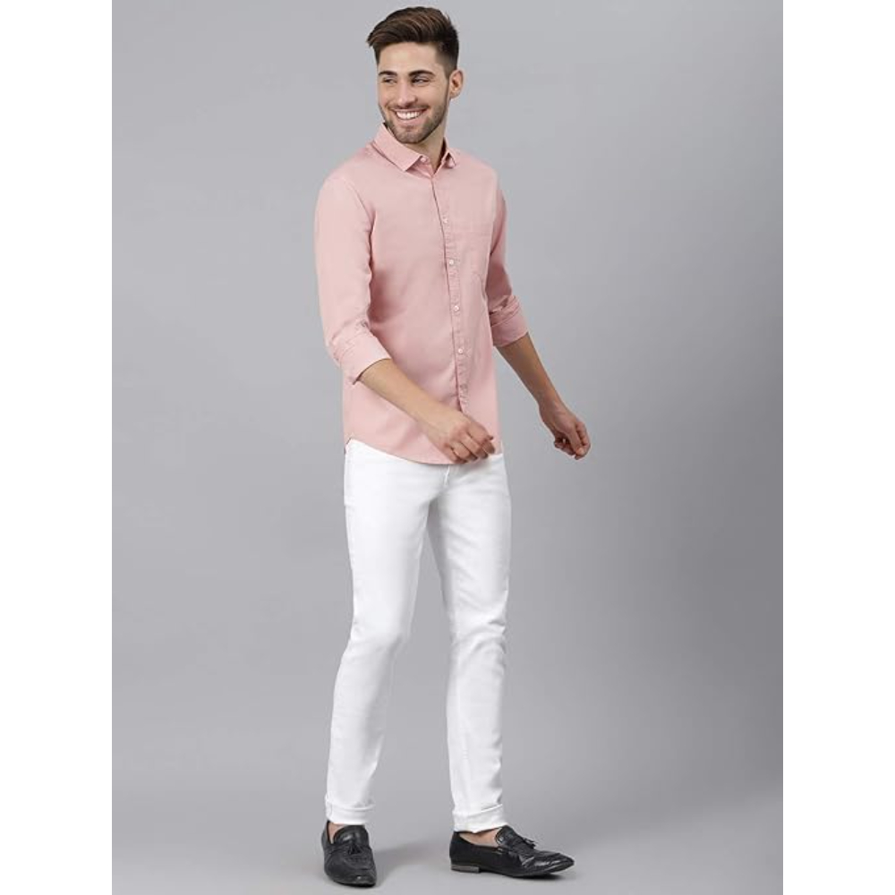 Men Solid Cotton Casual Peach Shirt - Image 3