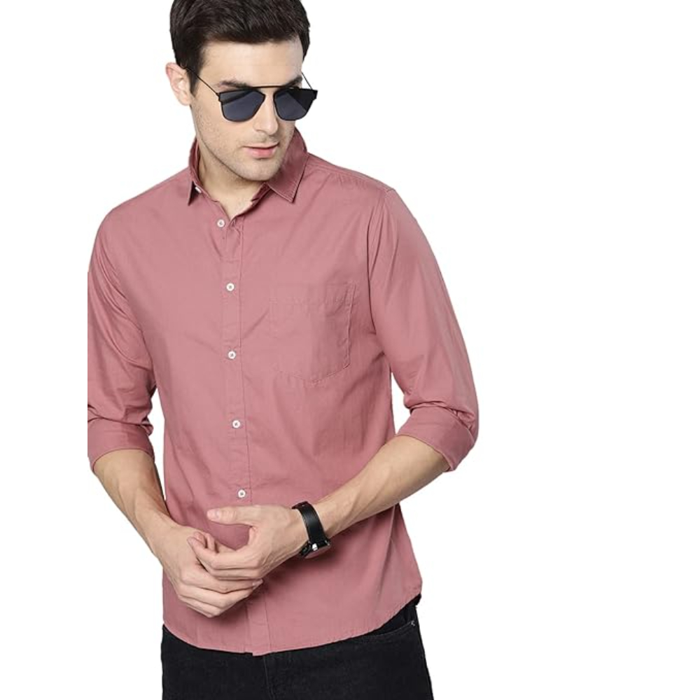 Men Solid Cotton Casual Dusty Pink Shirt
