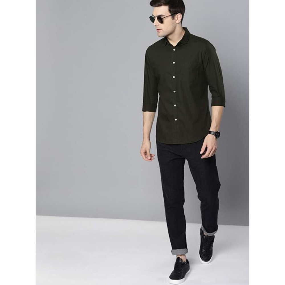 Men Solid Cotton Casual Olive Shirt - Image 3