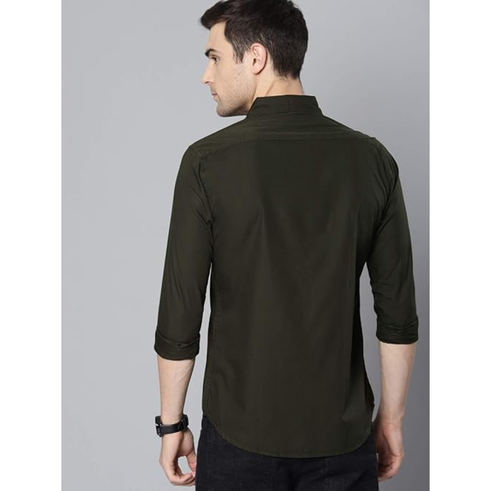Men Solid Cotton Casual Olive Shirt - Image 2
