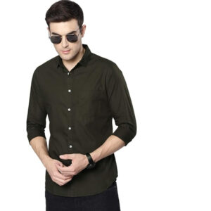 Men Solid Cotton Casual Olive Shirt