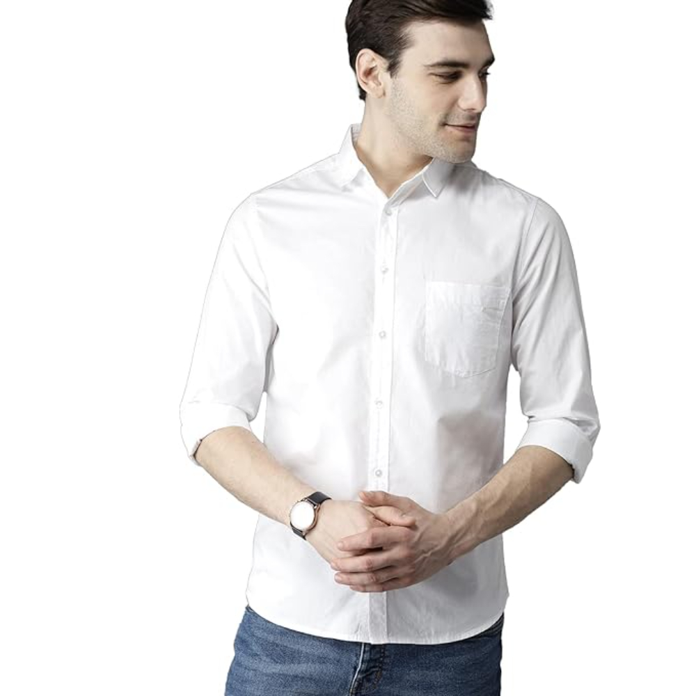 Men Solid Cotton Casual White Shirt