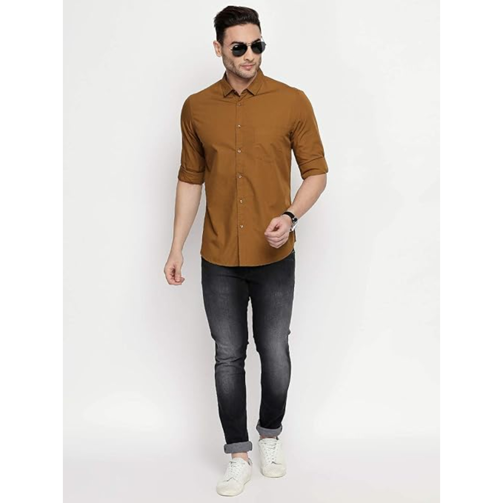 Men Solid Cotton Casual Brown Shirt - Image 3