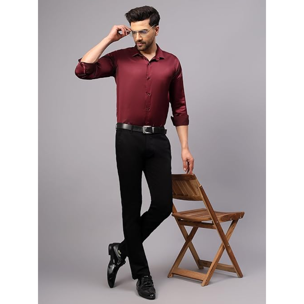 Men Satin Silk Formal Maroon Shirt - Image 3