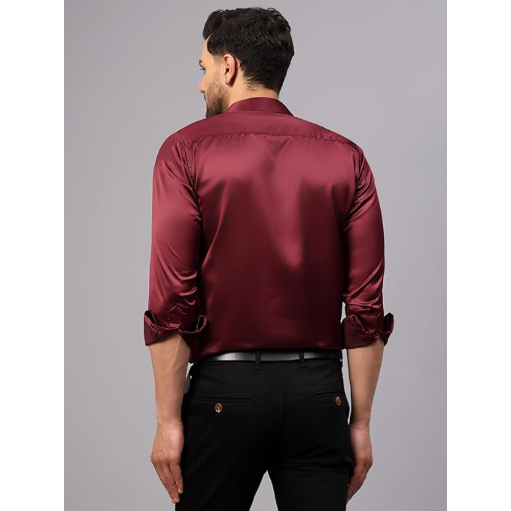Men Satin Silk Formal Maroon Shirt - Image 2