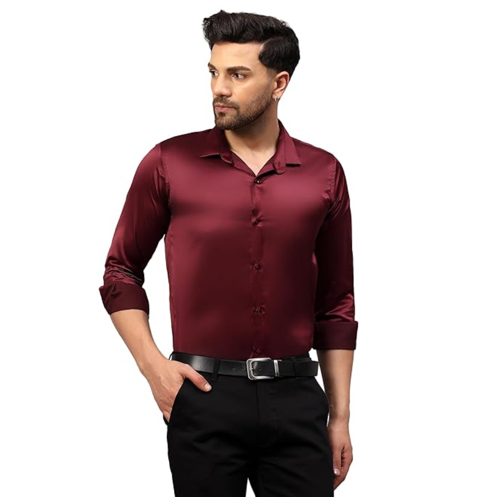 Men Satin Silk Formal Maroon Shirt