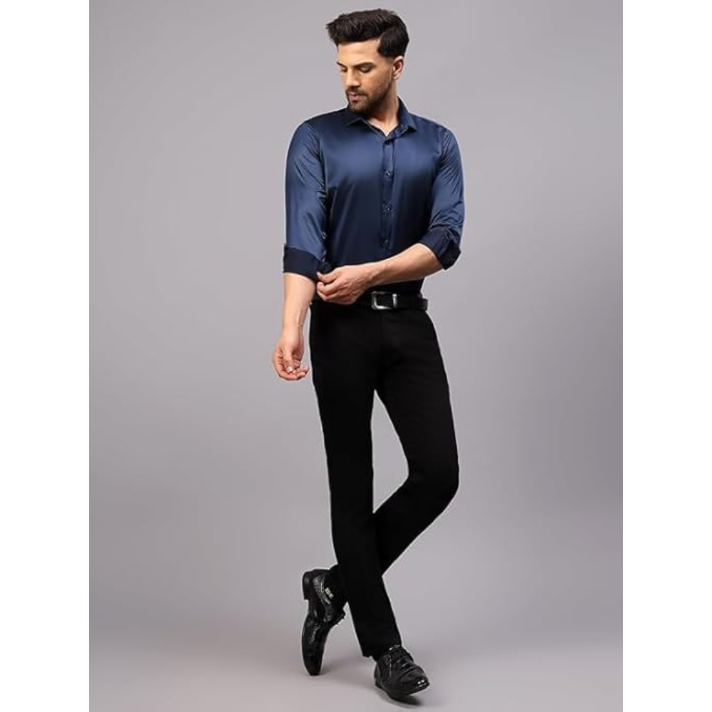 Men Satin Silk Formal Navy Blue Shirt - Image 3