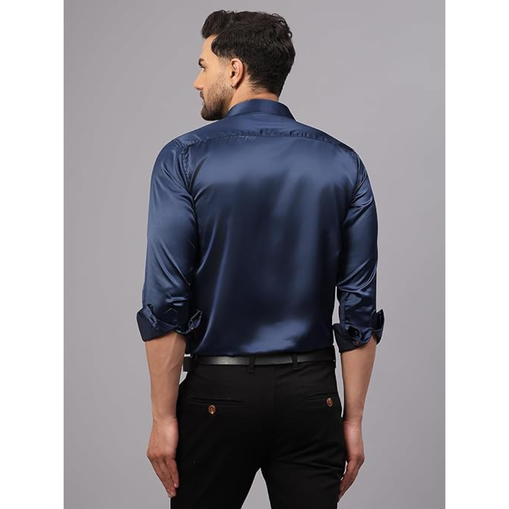 Men Satin Silk Formal Navy Blue Shirt - Image 2