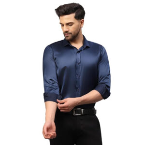 Men Satin Silk Formal Navy Blue Shirt