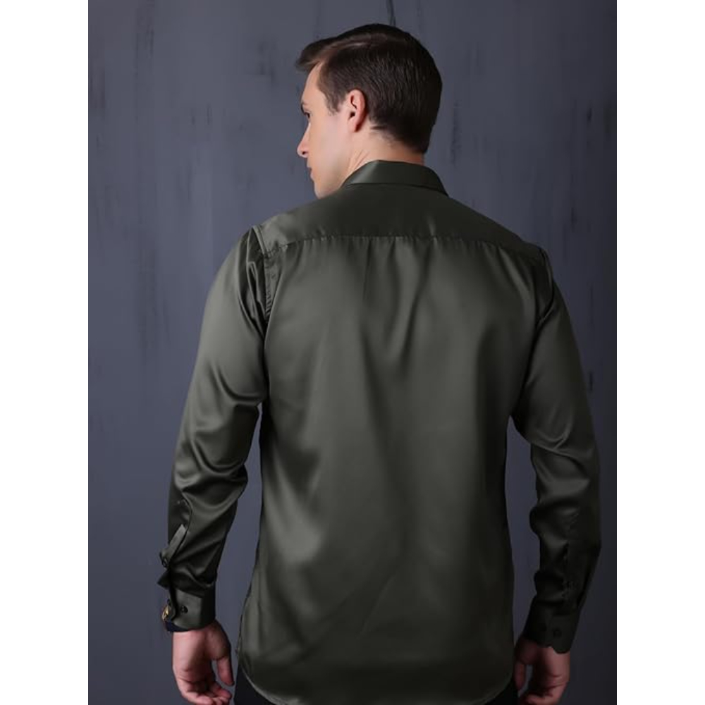 Men Satin Silk Formal Olive Green Shirt - Image 2