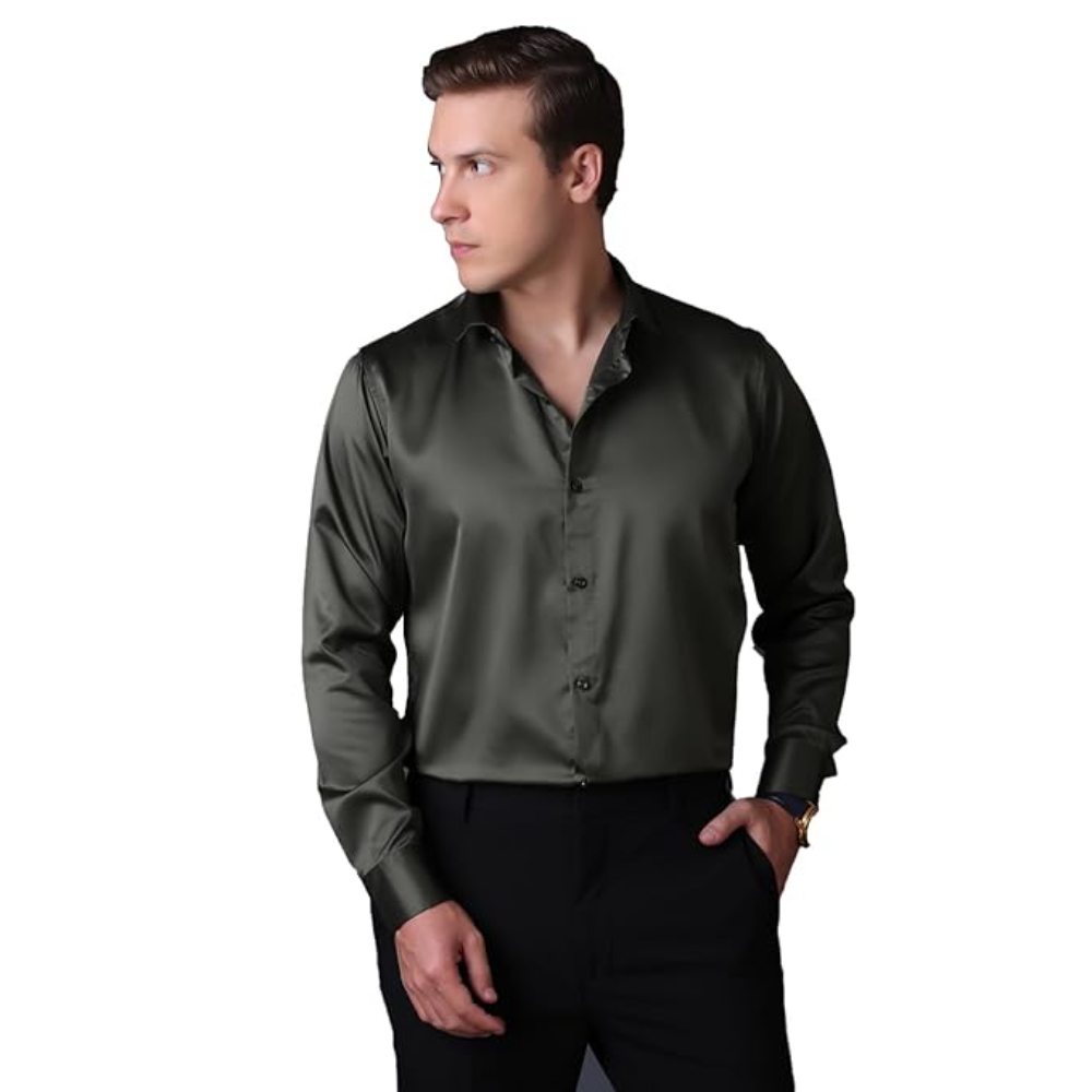 Men Satin Silk Formal Olive Green Shirt