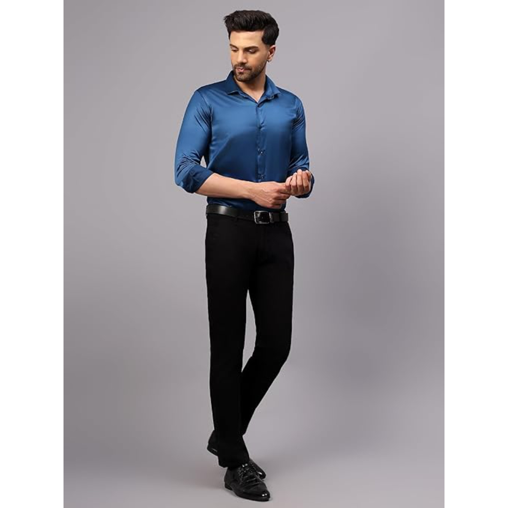 Men Satin Silk Formal Teal Blue Shirt - Image 3