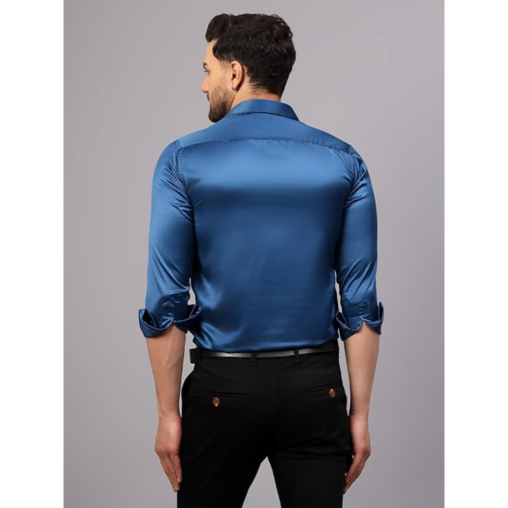 Men Satin Silk Formal Teal Blue Shirt - Image 2
