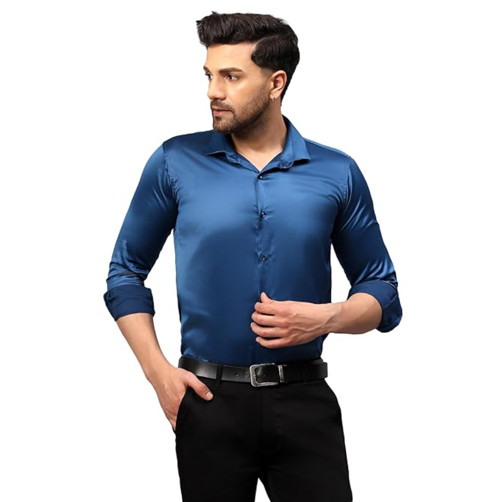 Men Satin Silk Formal Teal Blue Shirt