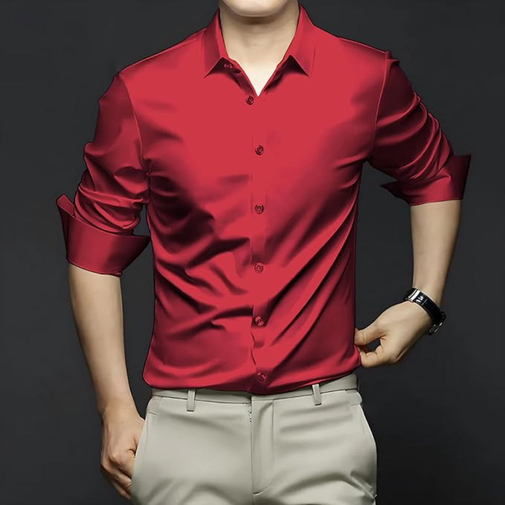 Men Satin Silk Formal Red Shirt - Image 3