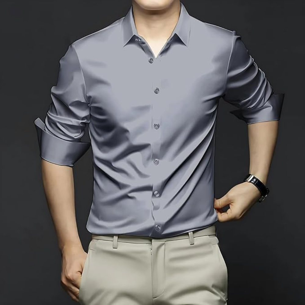 Men Satin Silk Formal Silver Shirt - Image 3