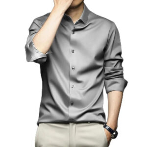 Men Satin Silk Formal Silver Shirt
