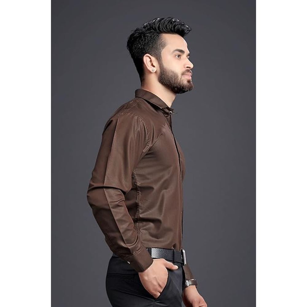 Men's Regular Fit Dark Brown Formal Shirt - Image 3