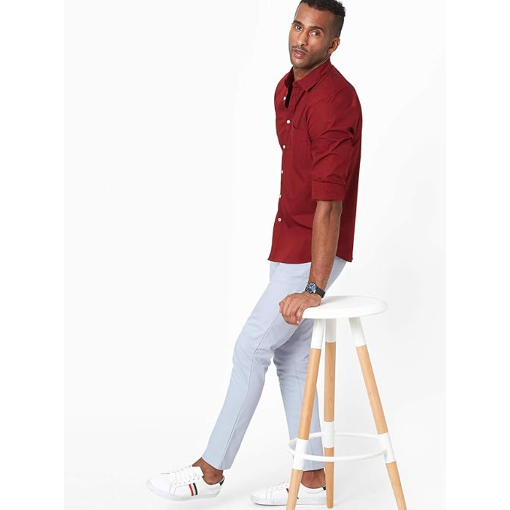 Men Solid Cotton Casual Maroon Shirt - Image 3