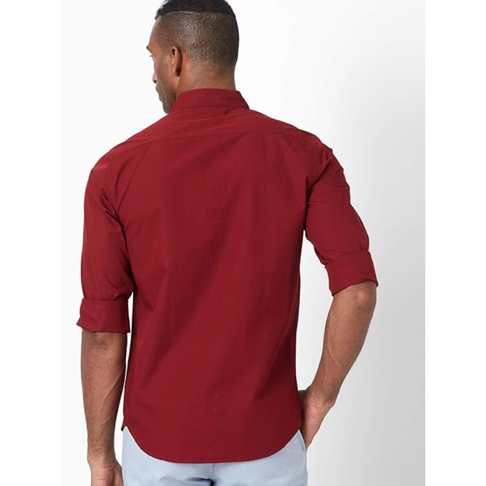 Men Solid Cotton Casual Maroon Shirt - Image 2