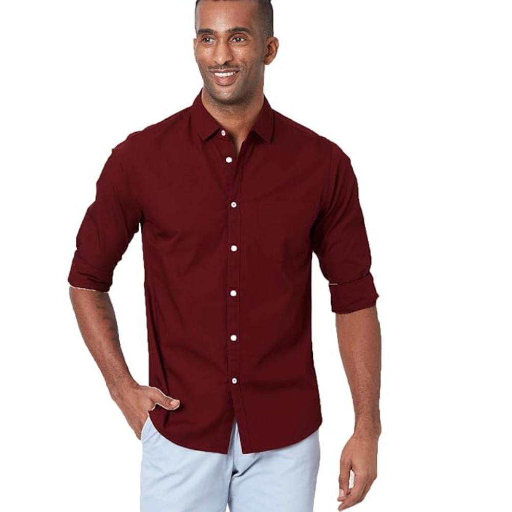 Men Solid Cotton Casual Maroon Shirt
