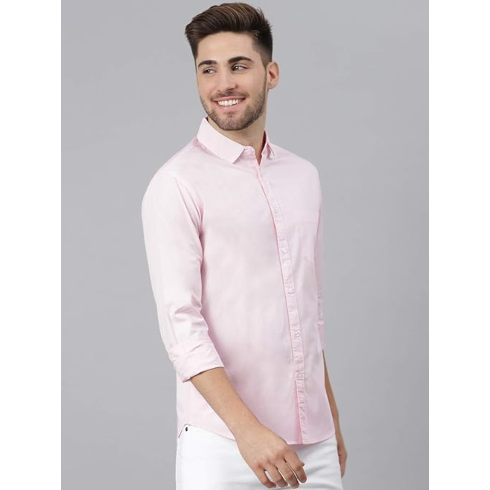 Men Solid Cotton Casual Pink Shirt - Image 2