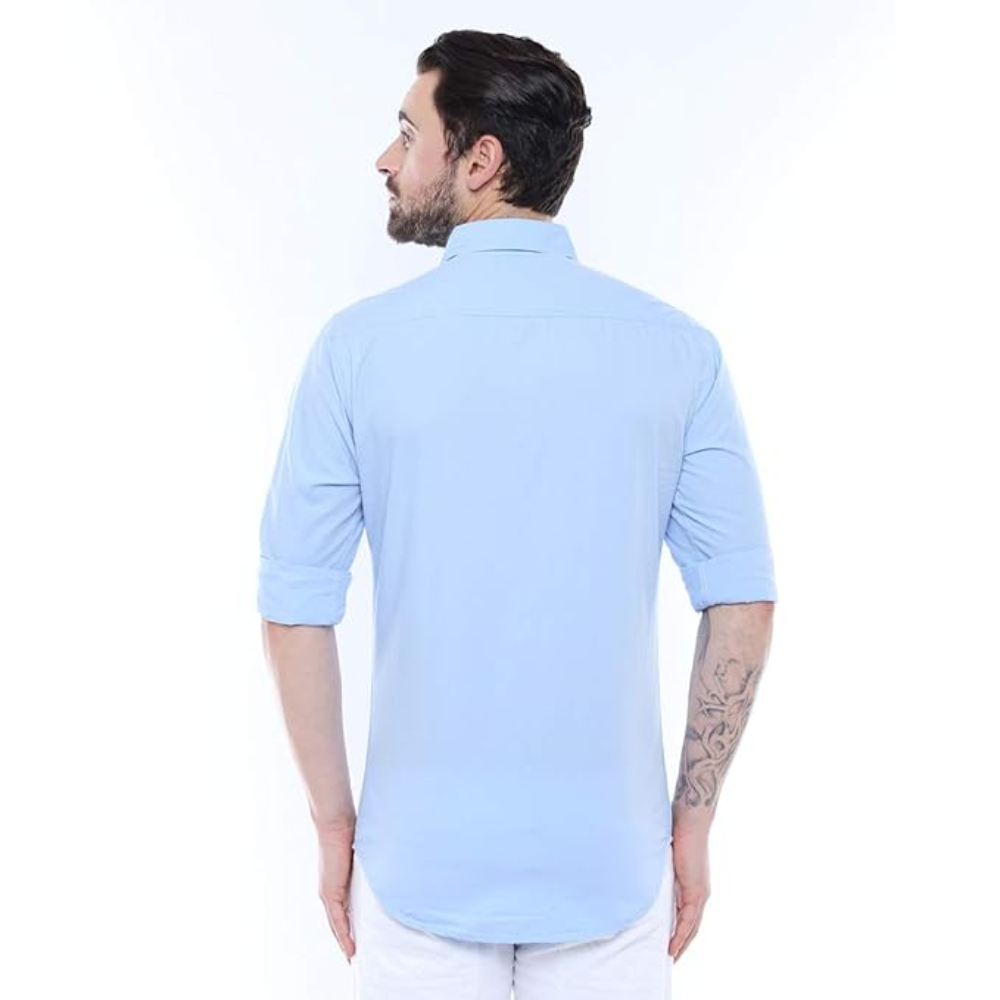 Men Solid Cotton Casual Sky Blue Shirt - Image 2