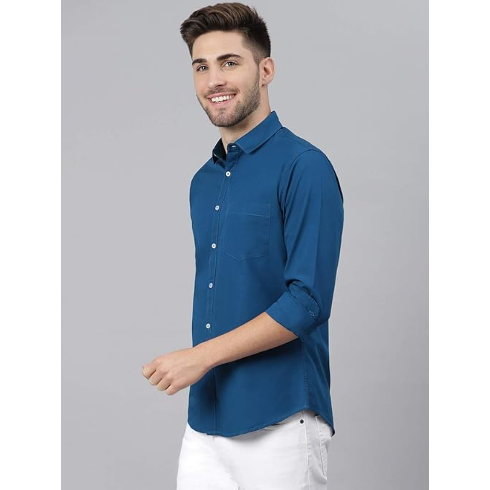 Men Solid Cotton Casual Dark Blue Shirt - Image 3
