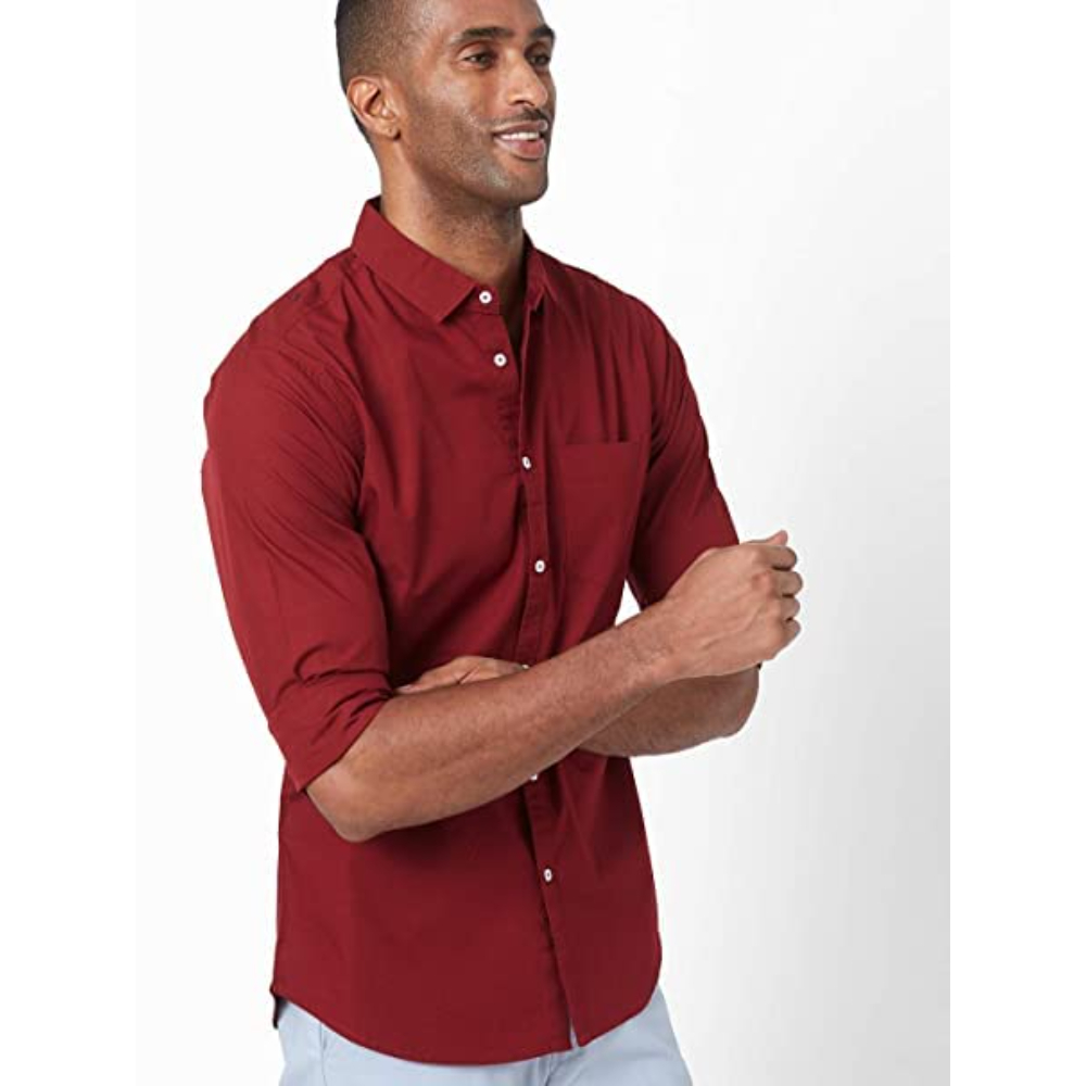 Men Solid Cotton Casual Dark Red Shirt - Image 3
