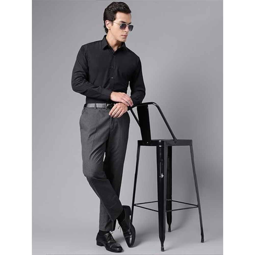 Men Cotton Plain Black Shirt - Image 3