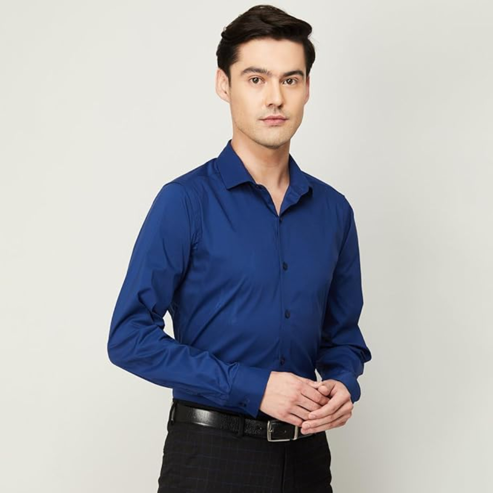 Men Cotton Plain Navy Blue Shirt - Image 3