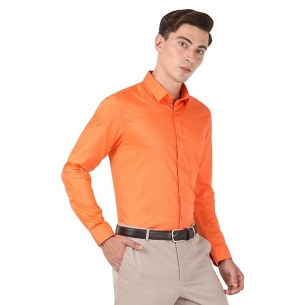 Men Cotton Plain Orange Shirt - Image 3